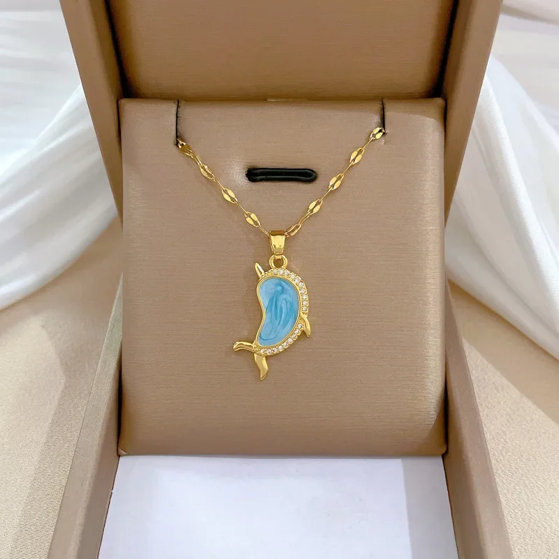 Luxury Banquet Wedding Oil Dripping Dolphin Zircon Pendant Necklace Female Versatile Clavicle Titanium Steel Chain