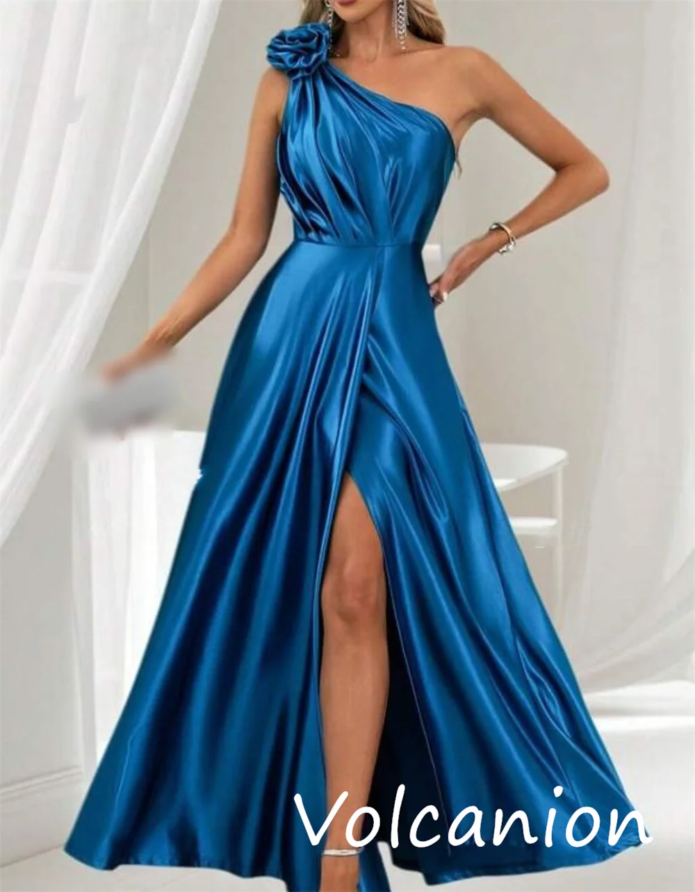 Abiti midi monospalla a trapezio con pieghe a fiori in charmeuse di moda formale personalizzati Occasioni su misura squisite
