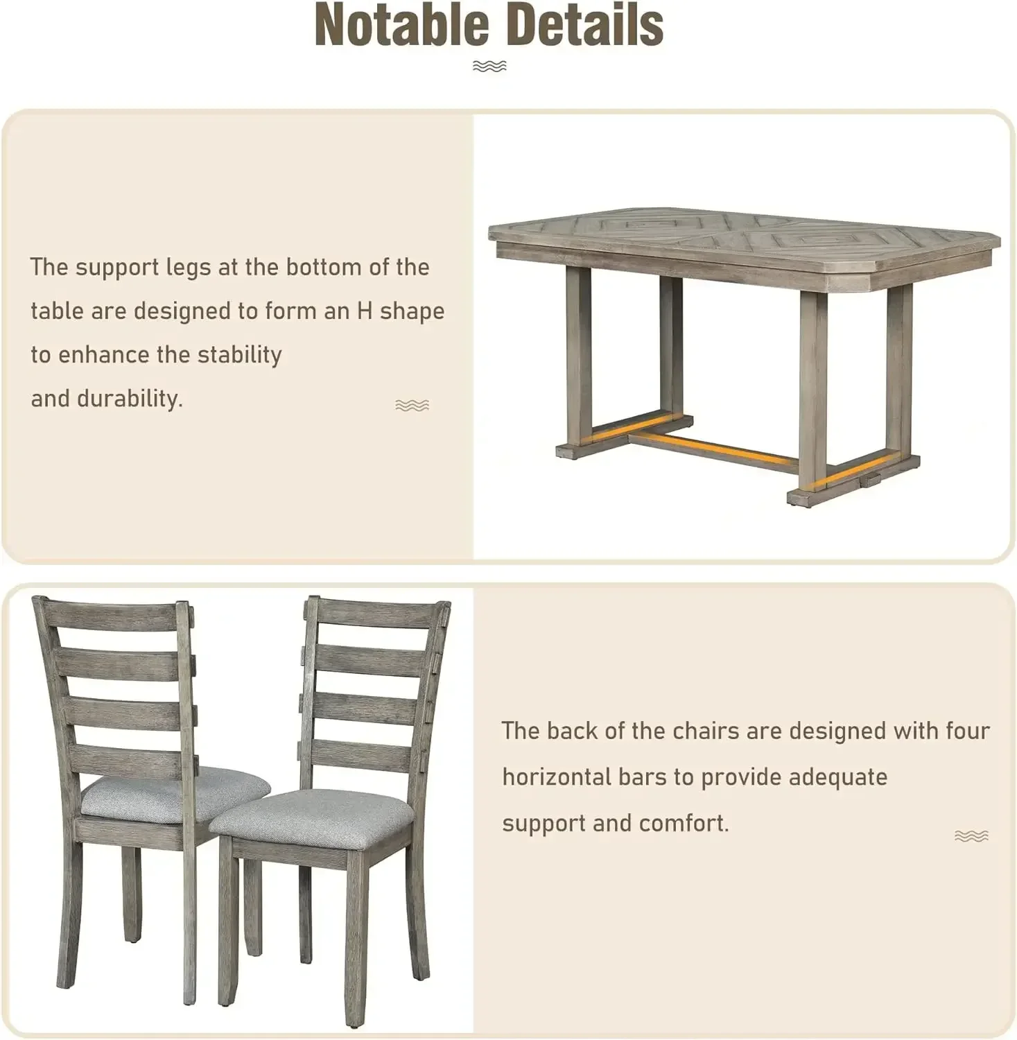 6-Piece Rubber Wood Dining Table Set with 4 Cushioned Chairs and Bench, Beautiful Wooden Grain Pattern Tabletop, Grey