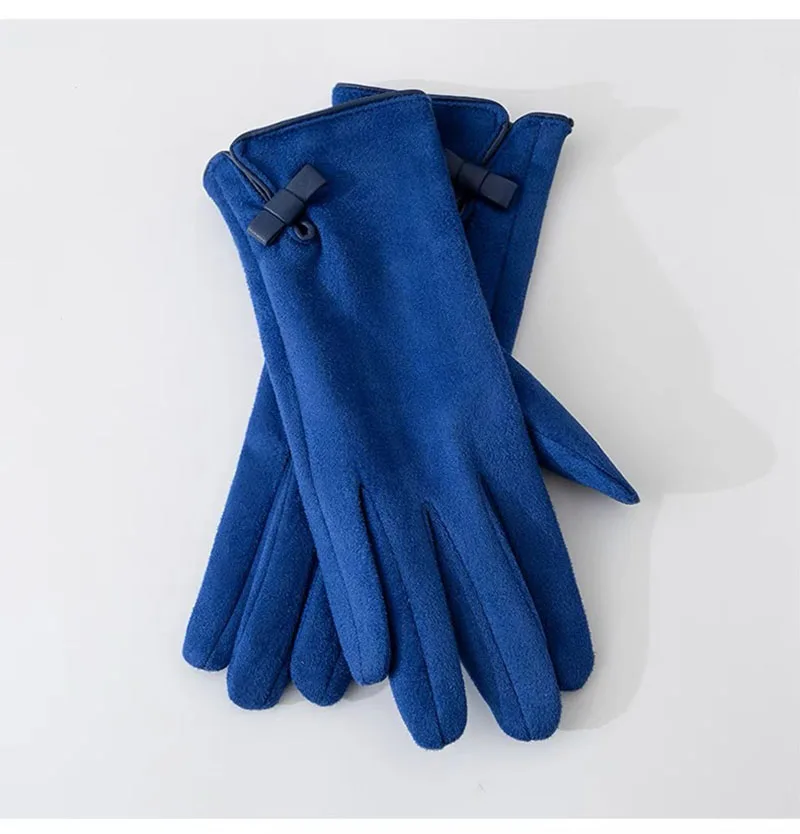 Fahion Suede Leather Bow Thicken Touch Screen Driving Warm Gloves For Sports Winter Outdoor Plus Velvet Cold Protection Women's