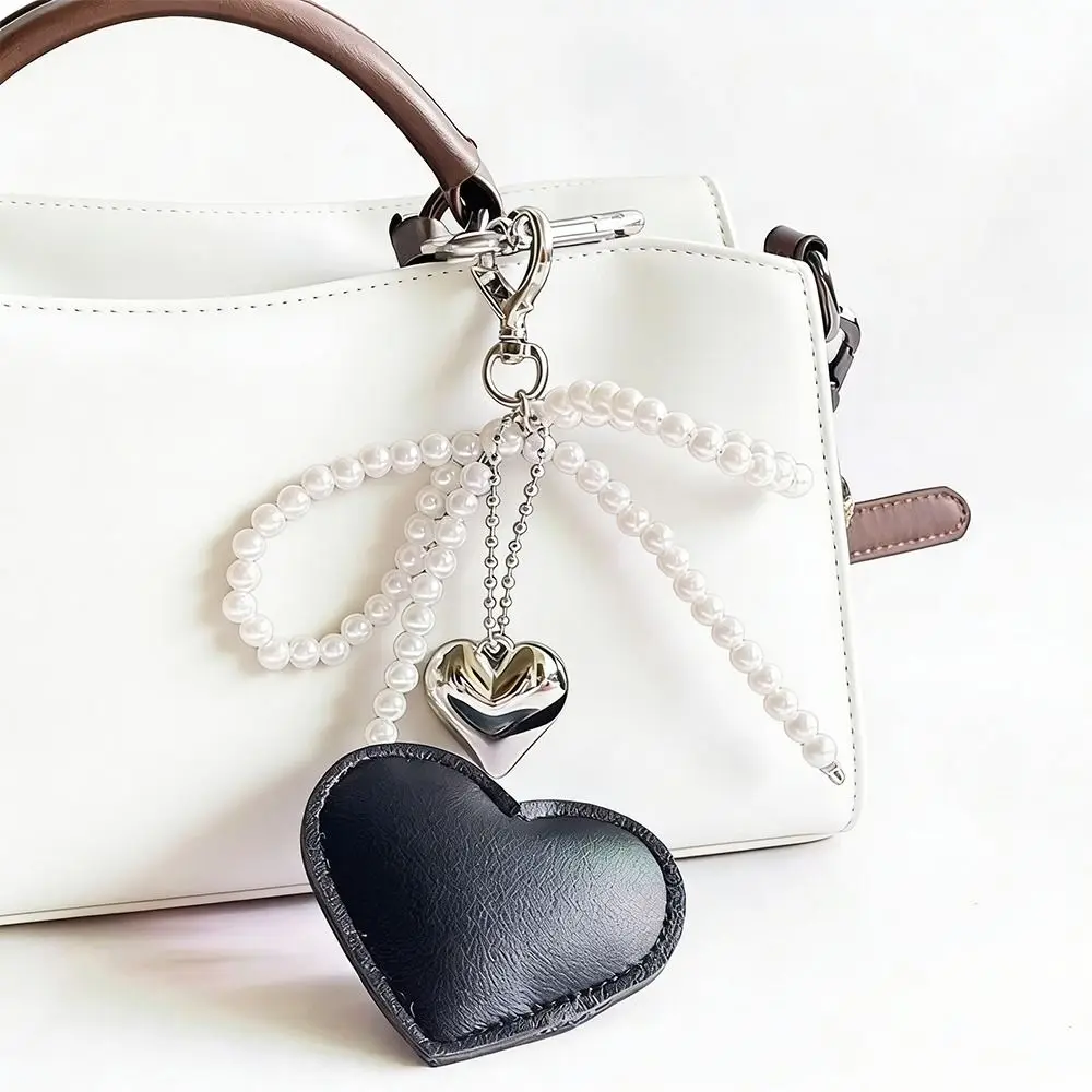 Fashion PU Bow Heart Long Tassel Glossy Leather Tassel Love Heart Pendant Pearl Bow Keyring Gift