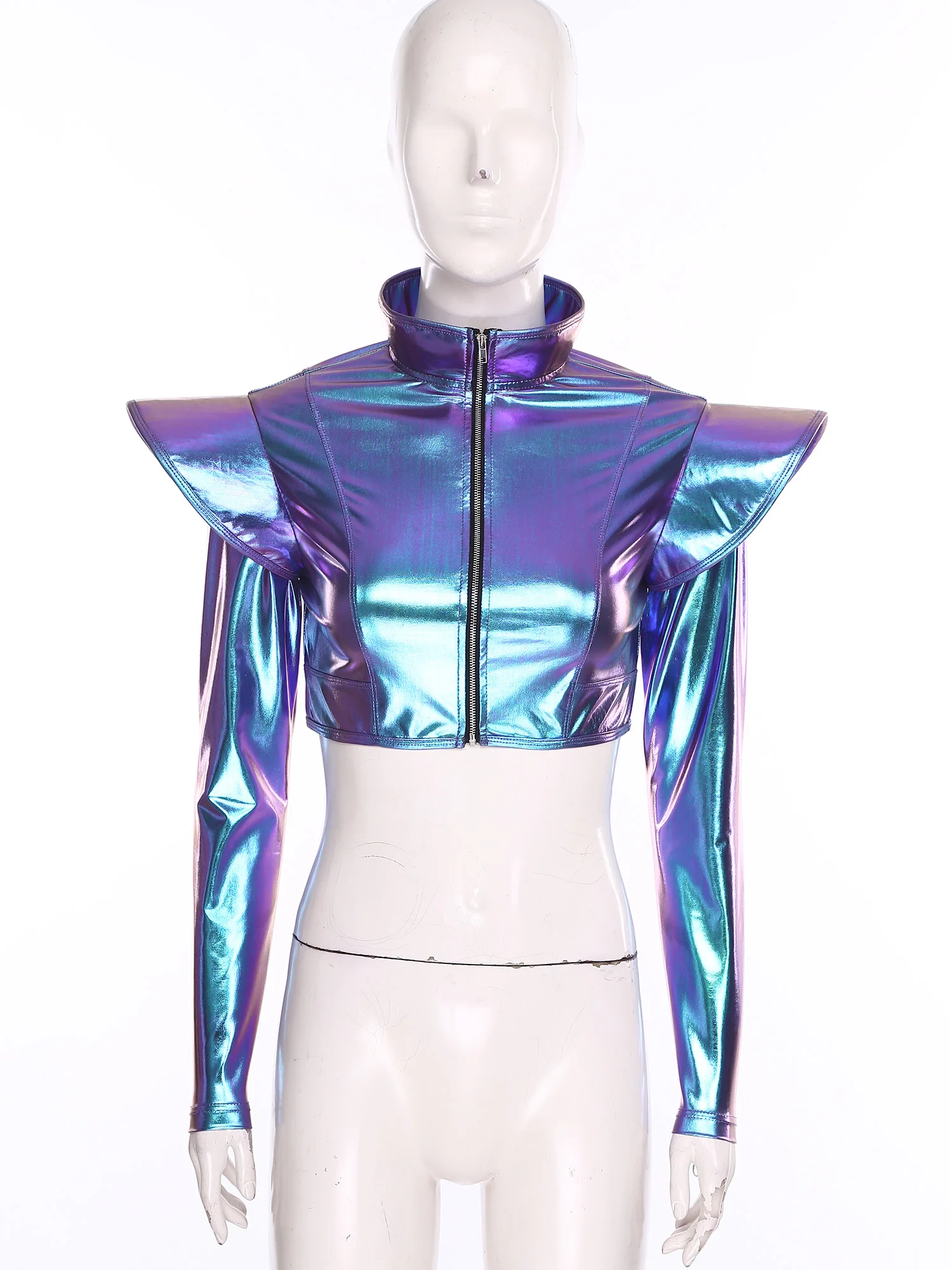Womens Shiny Metallic Long Sleeve Cropped Jacket Holographic Stand Collar Front Zipper Slim Fit Crop Top for Rave Party Clubwear