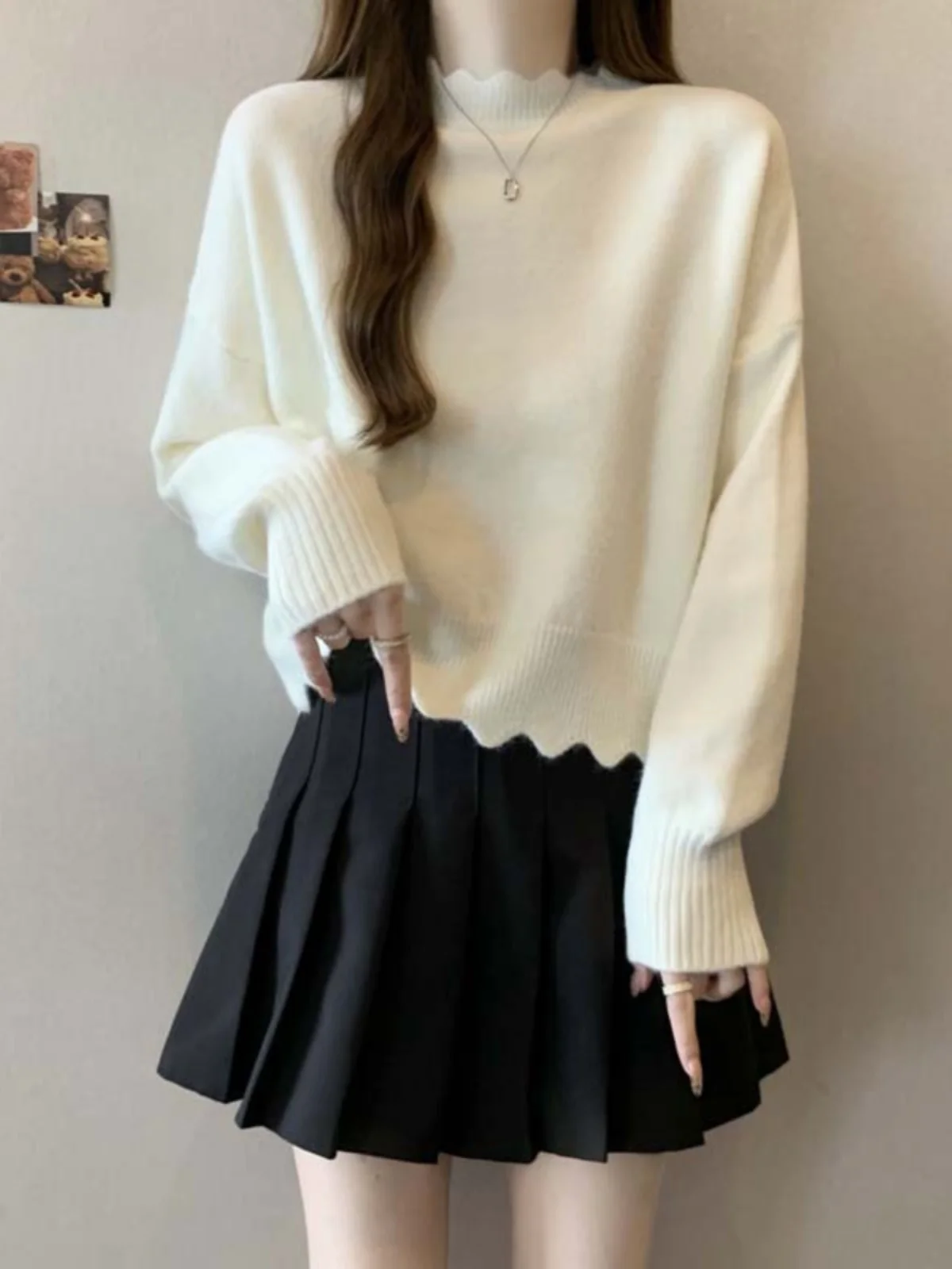 Chic Short Sleeve Long Knitted Sweater Women Spring Autumn plus Size Design Sense Wooden  Large Fluffy Base Shirt