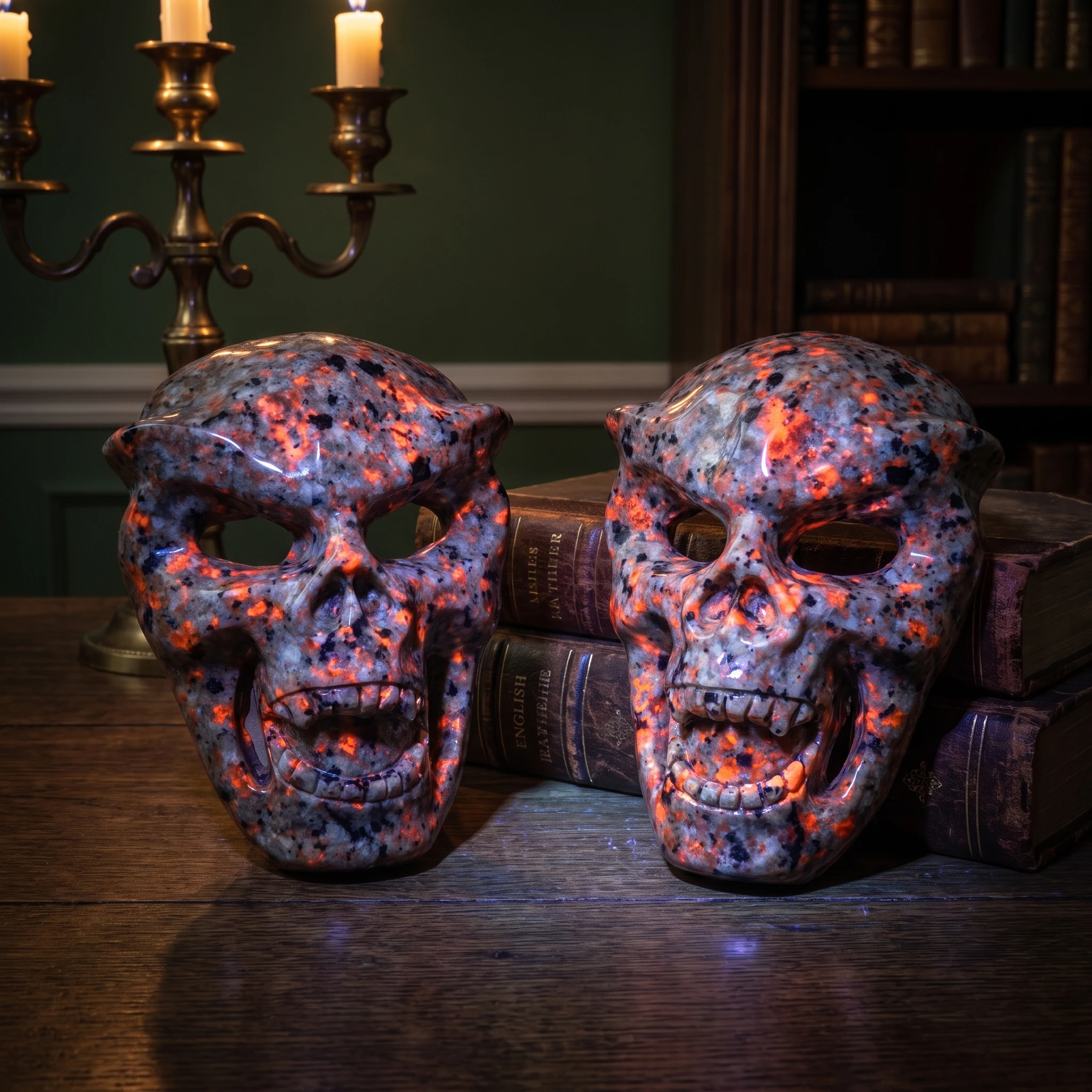 10cm Natural Yooperlite Skull Mask Hand Carved UV Glow Fluorescent Crystal Carving Gothic Halloween Home Altar Decor