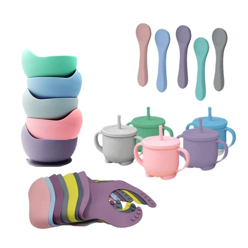 J15U 4 قطعة الطفل سيليكون المرايل مصاصة السلطانية ملعقة كوب بقشة مجموعة التدريب تغذية أواني الطعام أطباق مجموعة أدوات المائدة #5