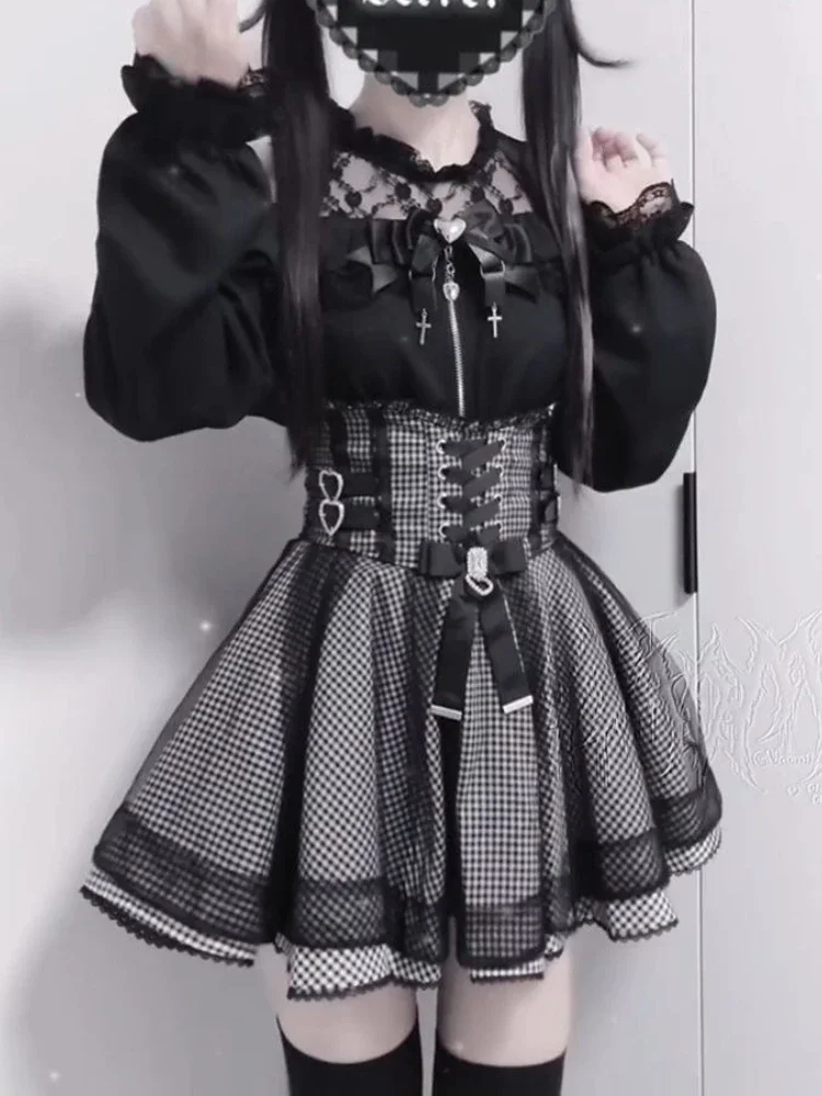 Süße elegante Kawaii schlanke schulterfreie Anzug Damen japanische schöne Spitze neue schwarze kurze Rock Anzug Mode Vintage Lolita Set