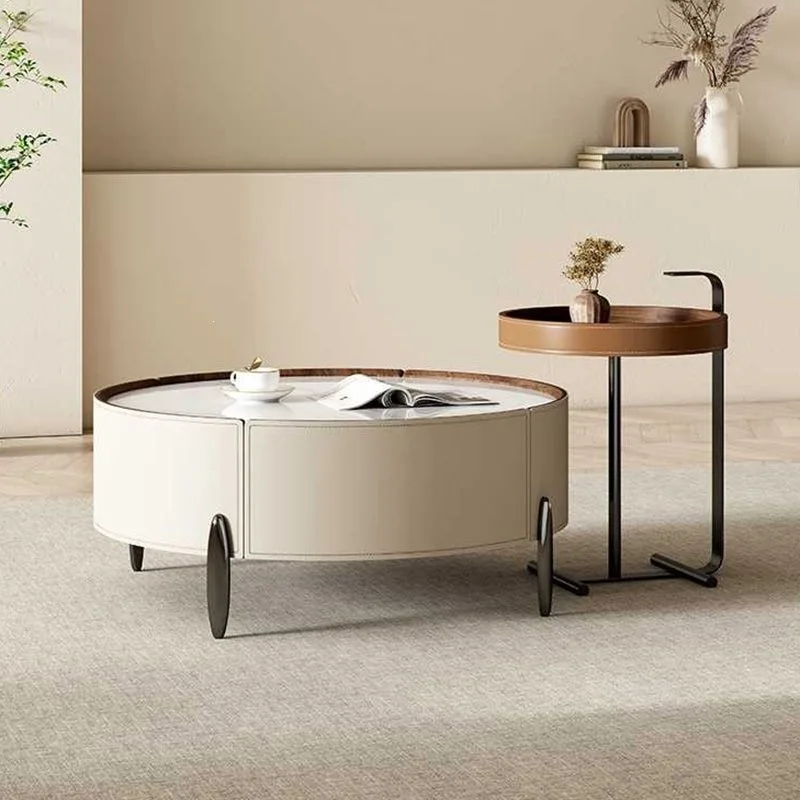 Nordic light luxury Italian saddle leather coffee table, modern minimalist small apartment, art sintered stone circular living r