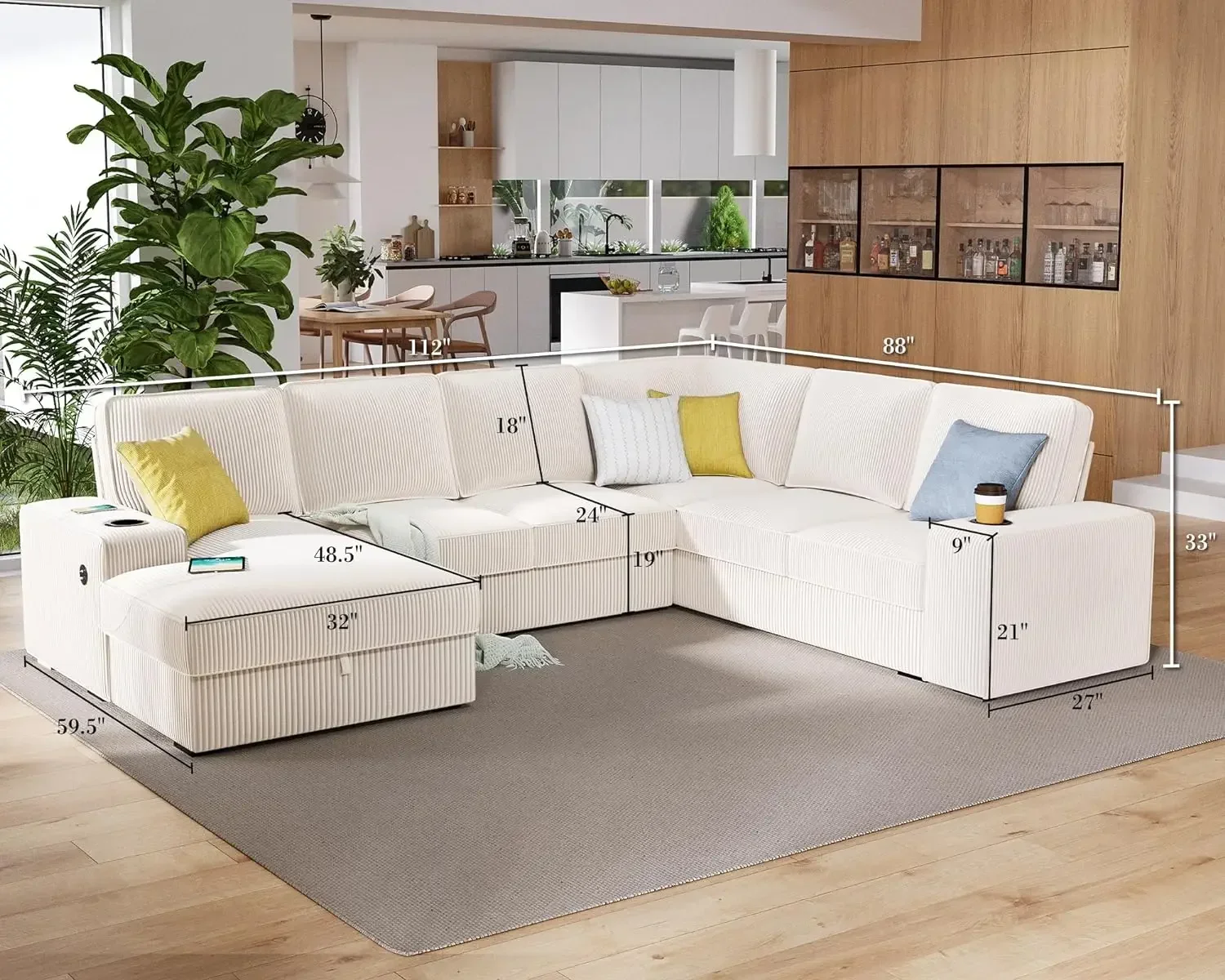 112 Inch Oversized Sofa, Sectional Sofa with USB Ports, U Shaped Sofa Couch with Storage Chaise, Corduroy Sofas