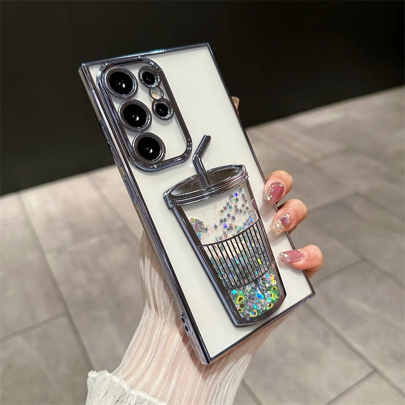 Phone For Galaxy S23 S22 Ultra S24Ultra S23 Ultra Shiny Quicksand Cup Case for Samsung S24 Ultra 3D Matte Transparent Slim Cover