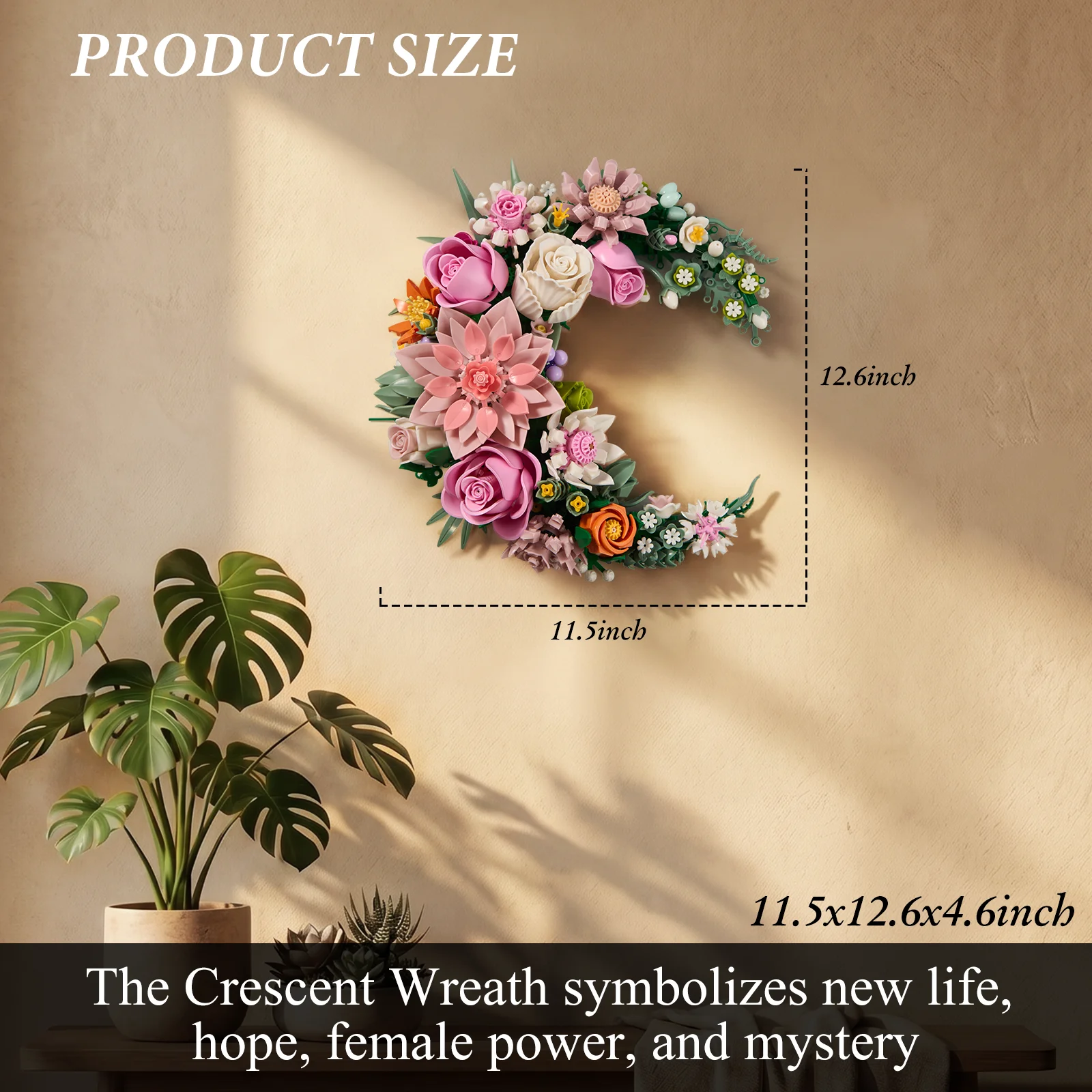 Pink Floral Moon Wreath Building Blocks Set Artificial Botanical Flower Model Creative Home Wall Decor Birthday Gift for Adult Women