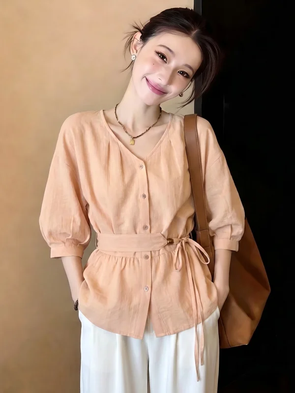 

Pink V-neck Shoulder-Length Women's Shirt Waist-Cinching Sleeveless Top Korean Style Commute Fashion plus Size Shirt