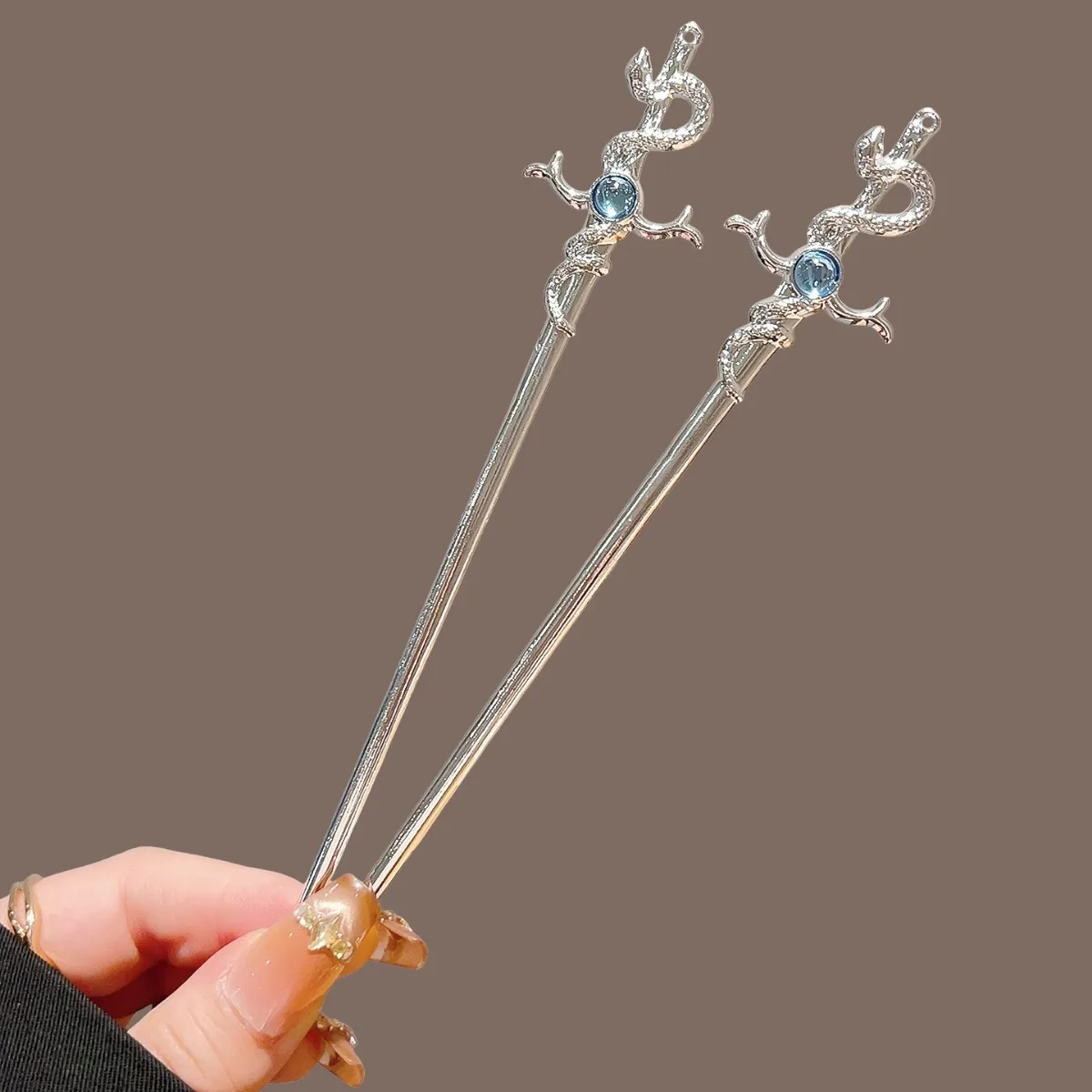 Niche-Snake Shaped Hairpin Neo Chinese Style Glitter Moonlight Stone Metal Hair Stick Girls Trendy Jewelry Hair Accessories 1pc image 2
