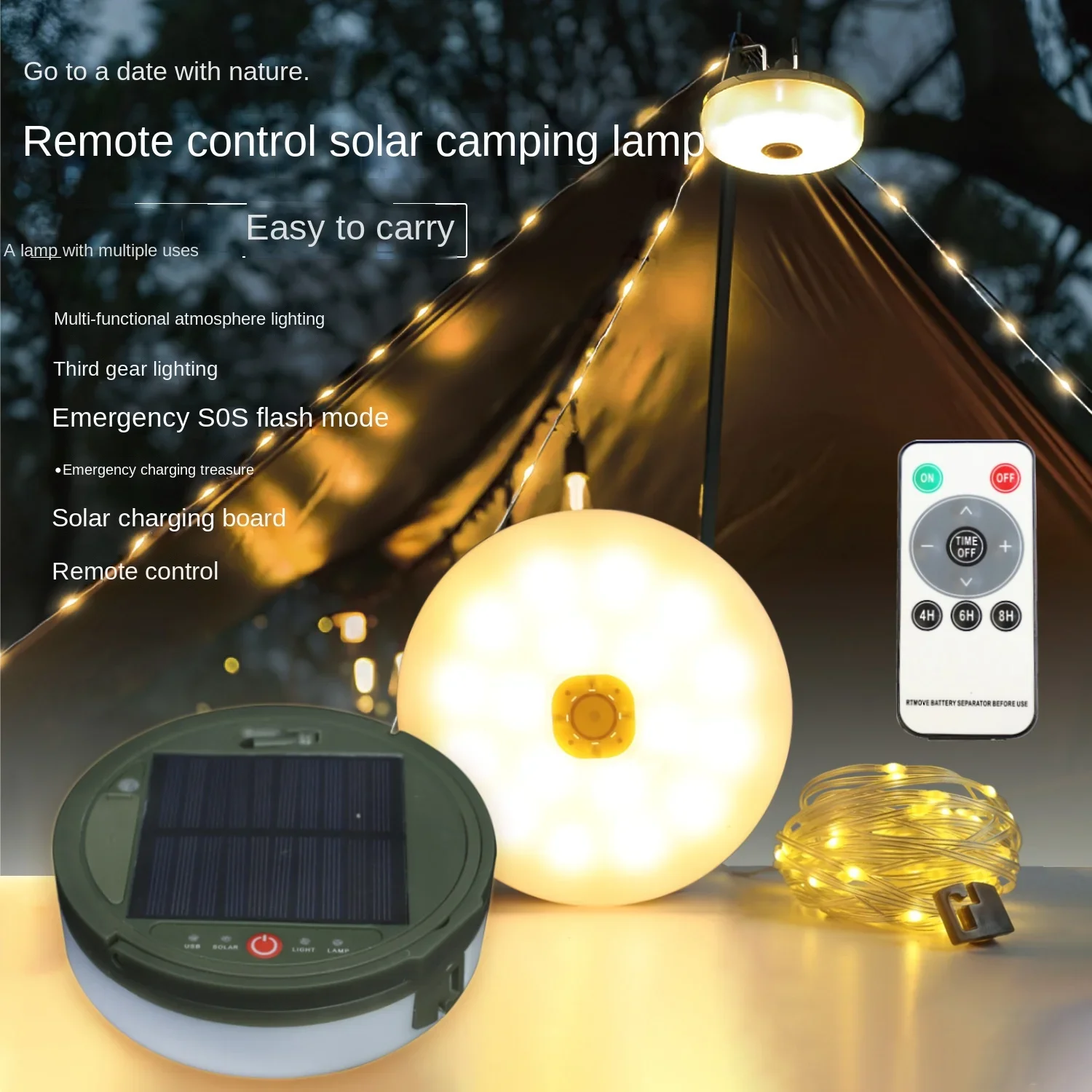 Solar outdoor camping light tent emergency ambient light lighting tape measure storage camping light string