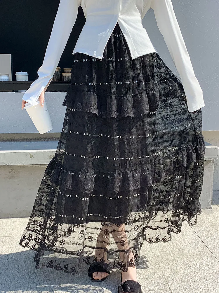 

Floral Embroidered Ruffled Maxi Skirts Women Elastic Waist Loose Casual Elegant Sweet Black Evening Party Skirt Female Korean