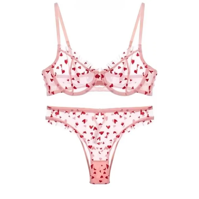 Französisches Herz-Print Transparentes Dessous-Set, ultradünner Bügel-BH, Spitze, sexy Push-up, für kleine Brüste, heiß begehrt