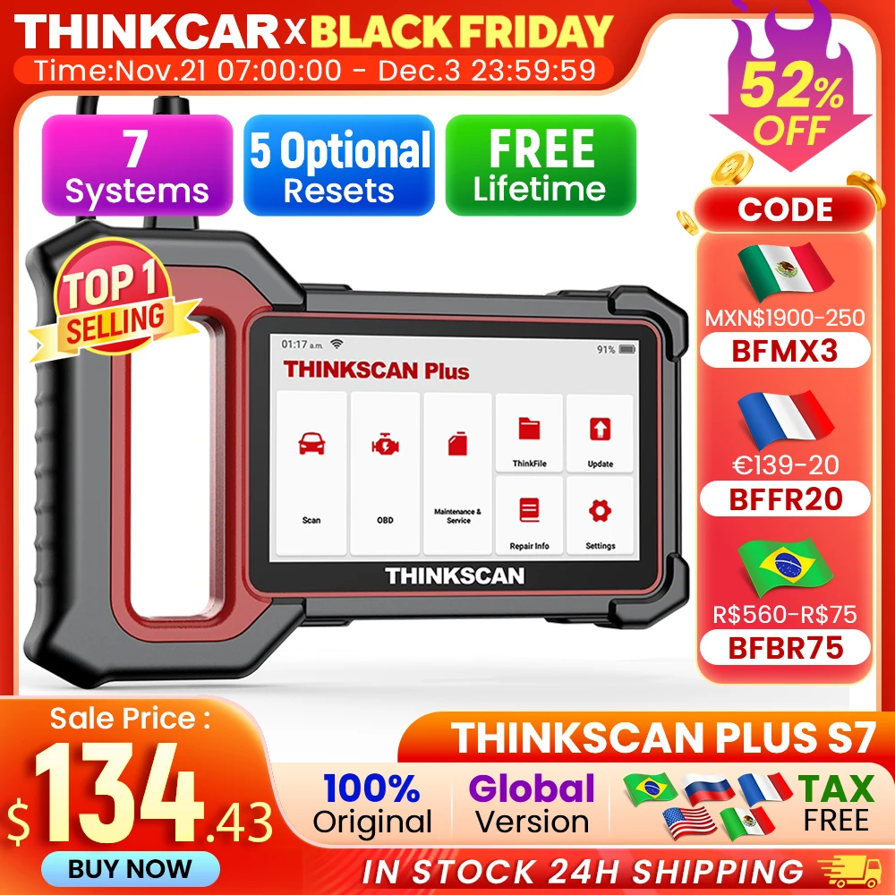 THINKCAR THINKSCAN PLUS S7 Professional Car Diagnostic Tools Automotive OBD2 Scanner Diagnose Code Reader 5 Resets Free Update