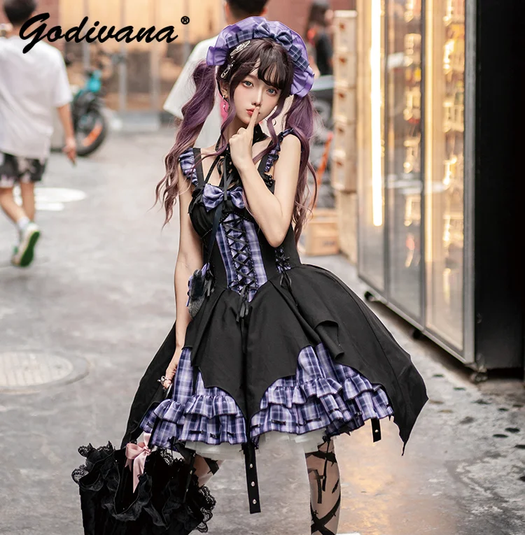 Subculture Y2K Hot Girls Plaid JSK Dress Lolita Sweet Cute Women's Bowknot Irregular Birthday Party Sling Dresses