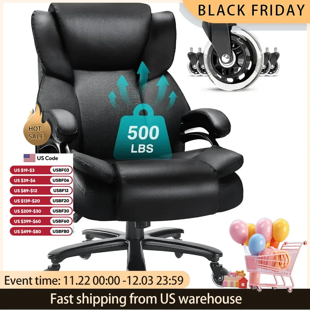 500lbs Big and Tall Office Chair, Heavy Duty Office Chair for Heavy People,with Adjustable Lumbar Support, Quiet Rubber Wheel