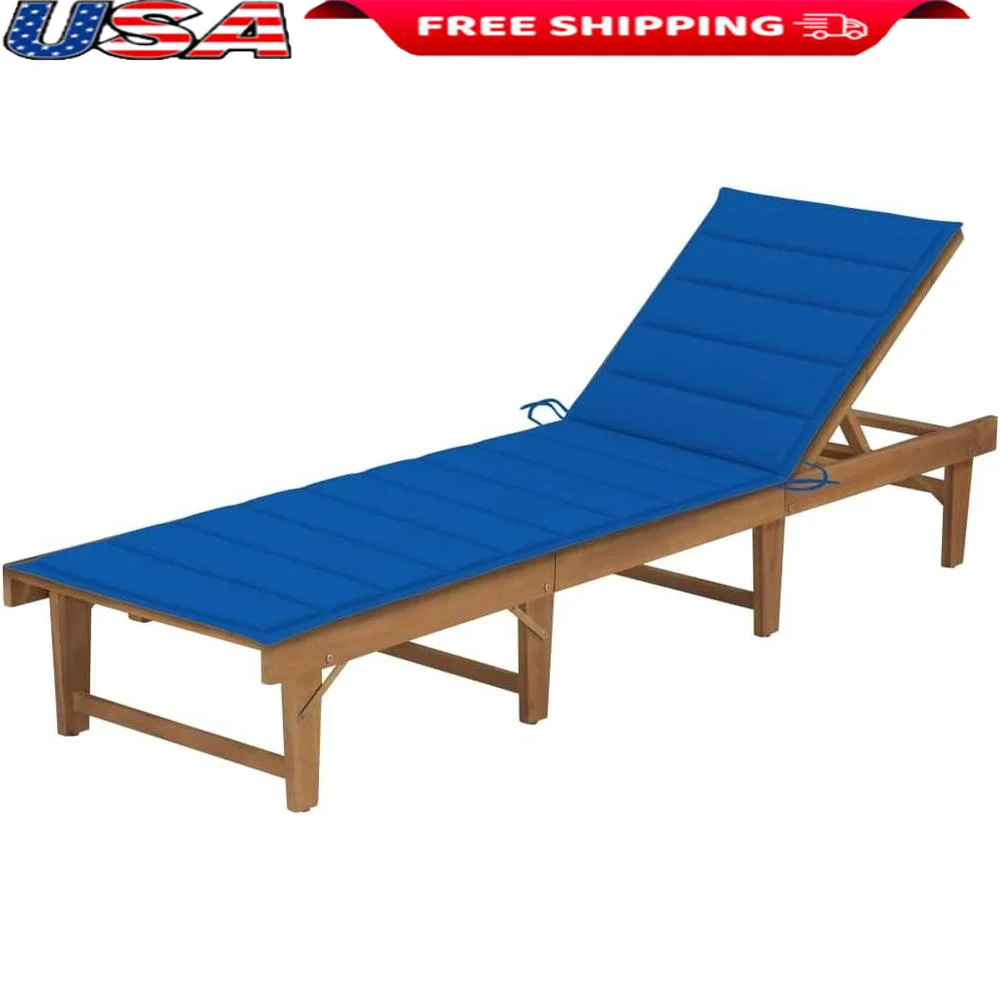 Outdoor Reclining Sun Lounger Bed with Royal Blue Cushion Solid Acacia Wood Adjustable Folding Chair Patio Garden