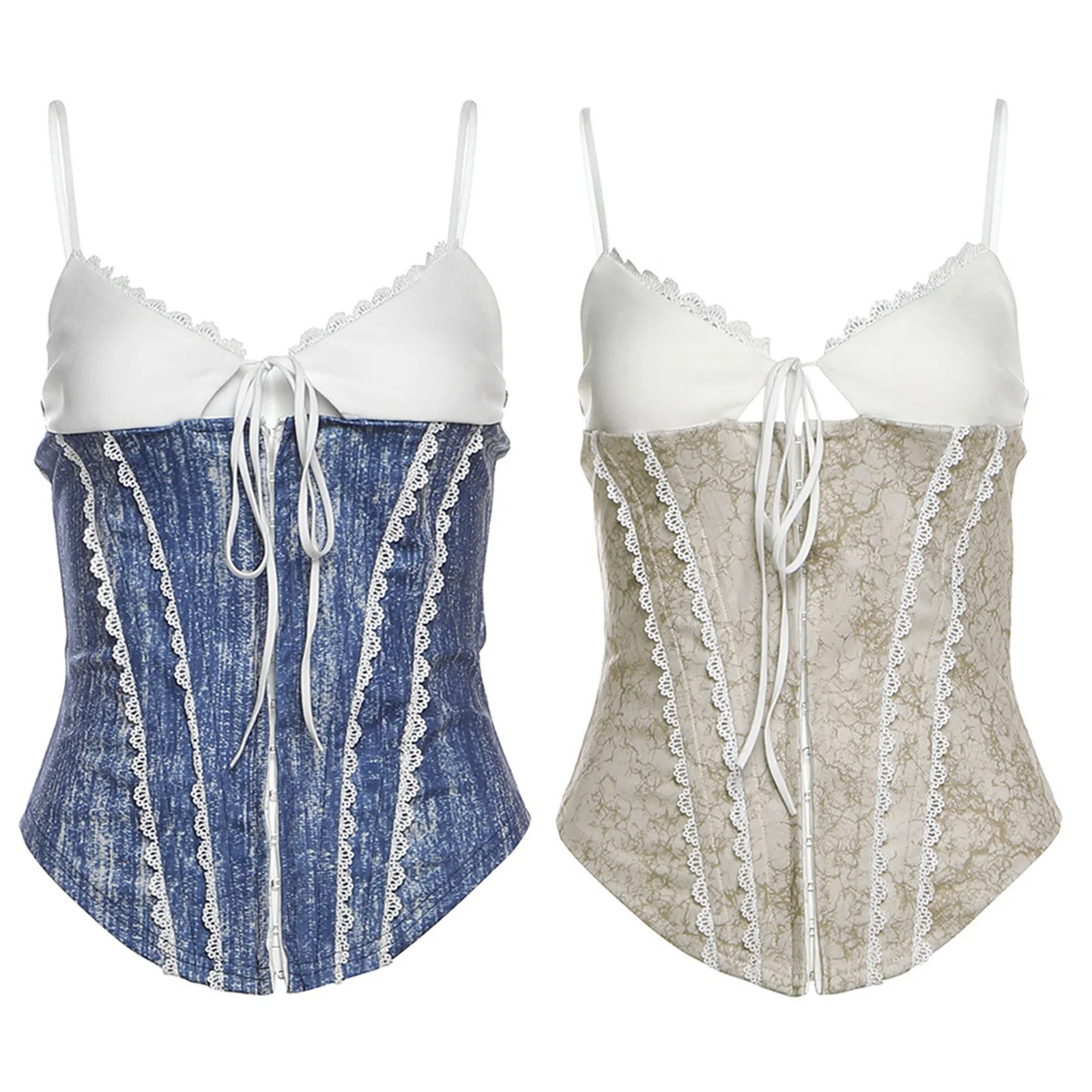 

Sexy Club Costume Women Lace Trim Camisole Spaghetti Straps Backless Color Block Vest Lace-up Asymmetrical Hem Crop Top