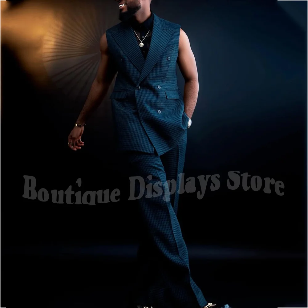 

Simple Fashion Sleeveless Men's Suit Two Pieces Straight Peaked Lapel Smart Casual Classic Double Breasted Formal Man Set