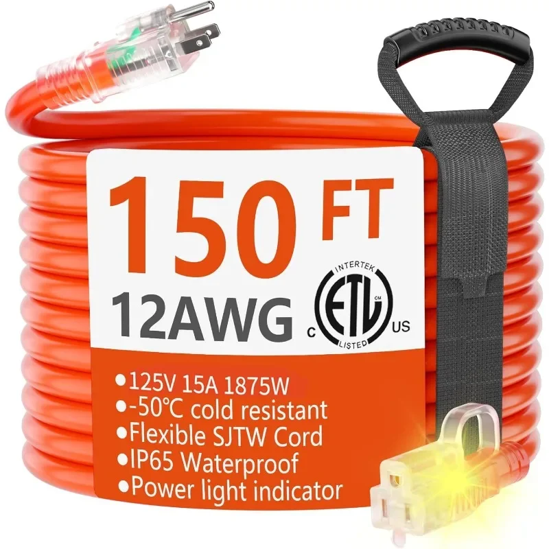 

home.150 Ft Outdoor Extension Cord Waterproof 12/3 Gauge Heavy Duty Lighting End, Flexible Cold Resistant 3-Plug Cord Outside