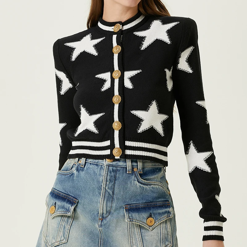 Star Cardigan for Women Gold Button Single Breasted Starry Jacquard Knit Crop Sweater Jacket Fall Winter Trendy Outfit