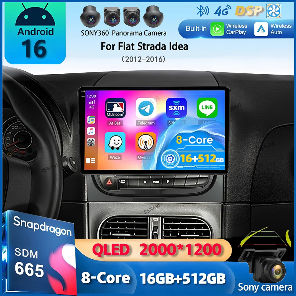 Radio para Auto con Android 16 y Carplay para Fiat Strada Idea 2012 2013 2014 - 2016 Reproductor Multimedia de Video Navegación GPS Estéreo 2 Din DVD