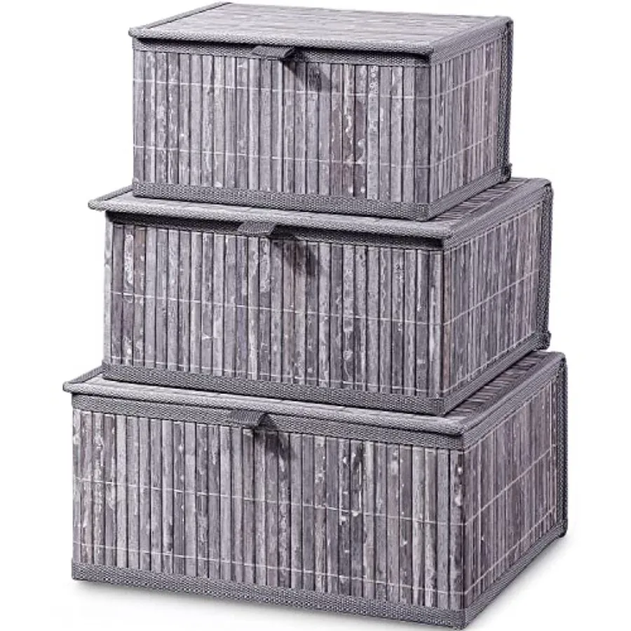 

Bamboo Decorative Storage Boxes - Set of 3 Woven Lined Storage Basket with Lids Grey Marble Wicker Lidded Baskets for Home Kitc