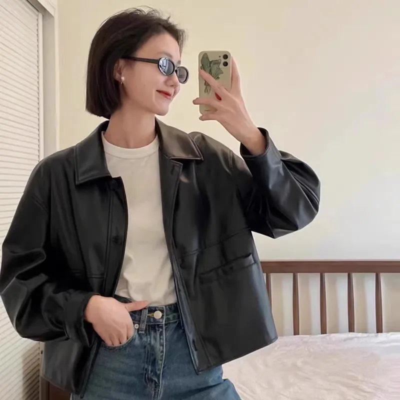Frühling Herbst Dünne Stil Vintage Revers Einreiher Leder Jacke Frauen Trendy Langarm Verstärktes Große Taschen frauen Mantel