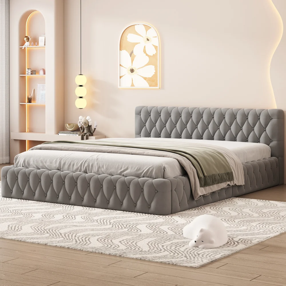 Modern double bed 140x200 cm for teen, skin-friendly velour, Gray