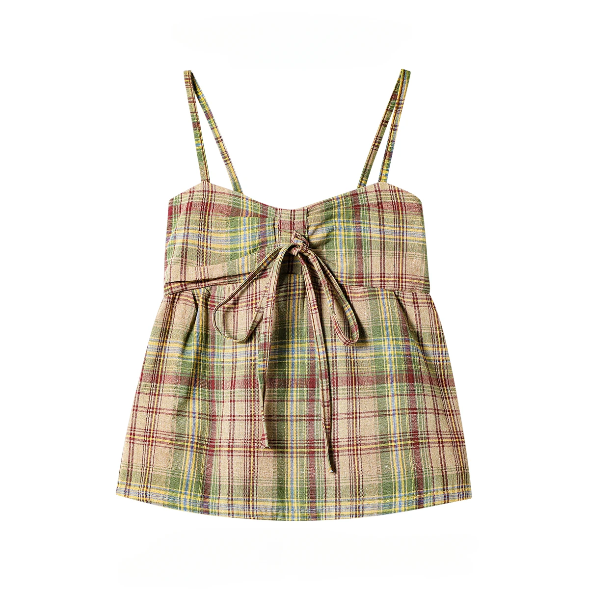 Women's French Retro Contrasting Plaid Sleevless Camisole Female Summer Bow Lace-up Beautiful Back Short Slimming Suspender Tops