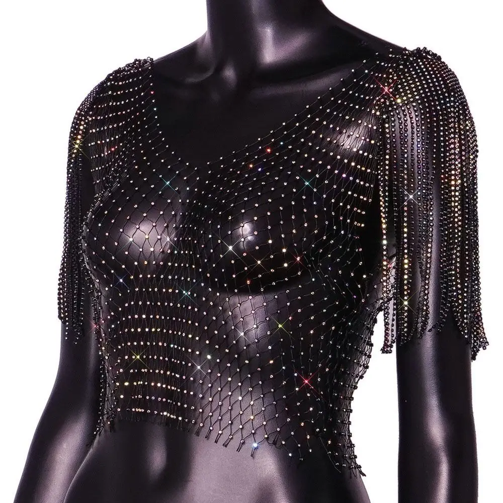 with Tassel Shawl Fishnet Glitter Top Rhinestone Mesh Rhinestone Fishnet Tops Sex Appeal Vest Rhinestone Fishnet Cover Ups Women