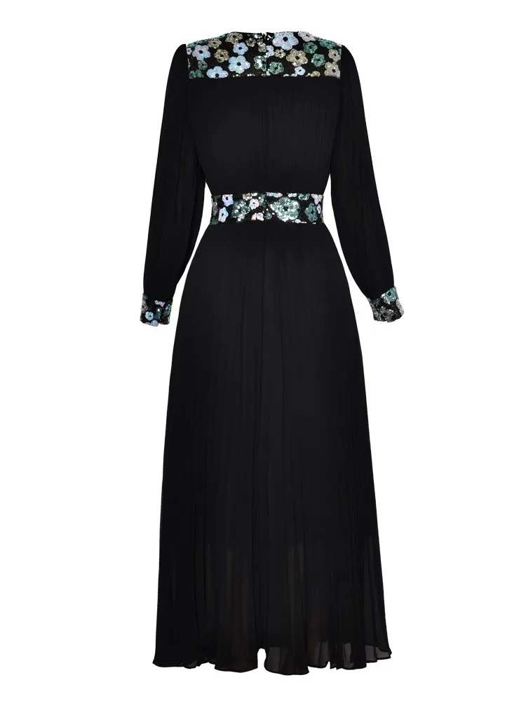 Seasixiang Sequins Flowers Embroidery Dress For Women O-Neck Lantern Sleeves Vintage Pleated Dresses Fashion Autumn Female New