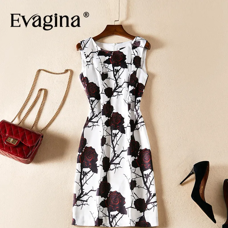 Evagina Fashion design Spring Summer Women's O-Neck Sleeveless Rose Printing Streetwear Pretty Slim A-Line Mini Dresses