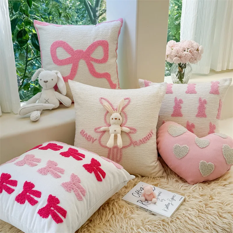 INS Pink Bow Embroidery Pillowcase Valentine's Day White Rabbit Decor Sofa Cushion Cover Living Room Bed PP Cotton Pillow Cover