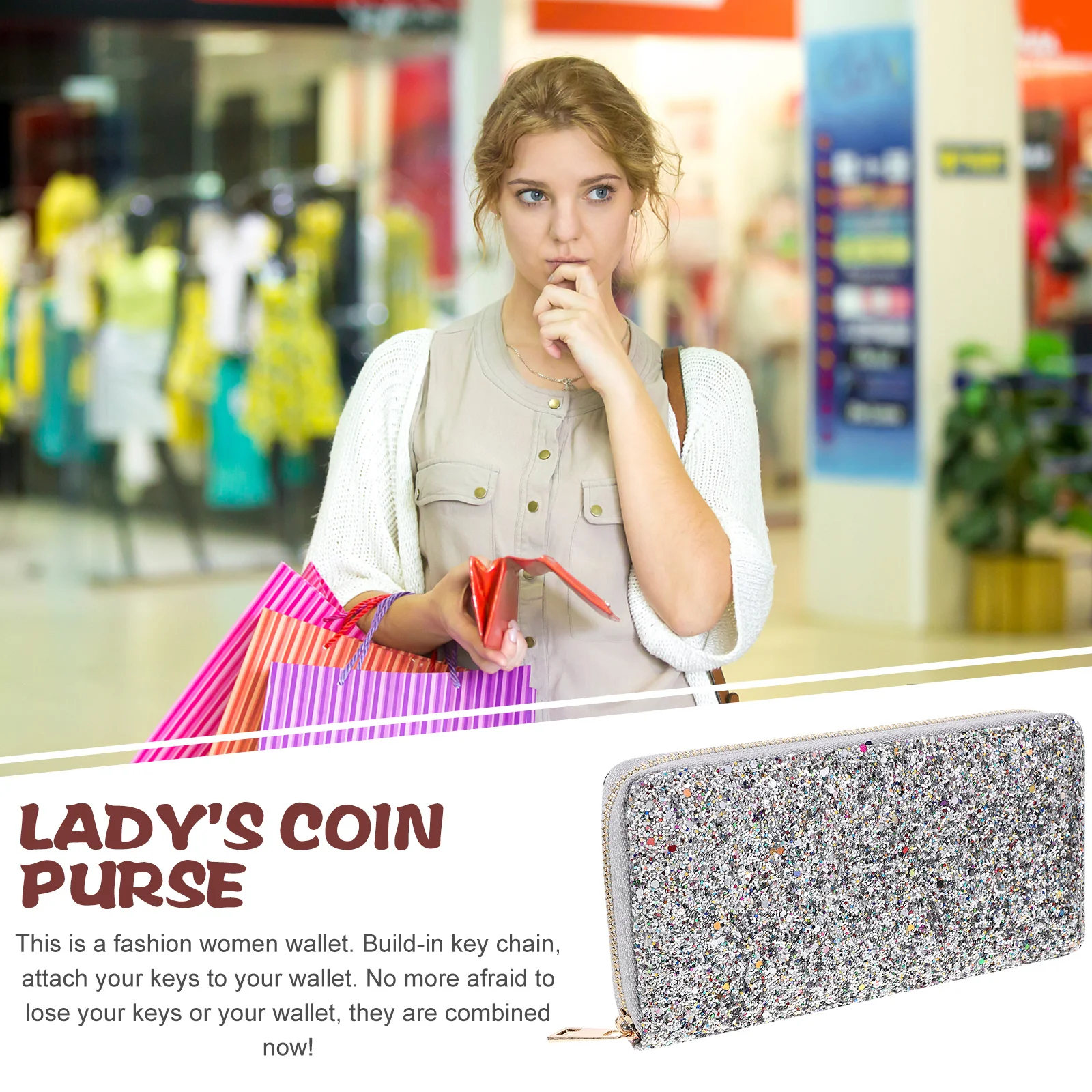 

Star Sequins Women Wallet Silver Zipper Coin Purse Built-in Key Chain Slim Lightweight Stylish Party Evening Bag