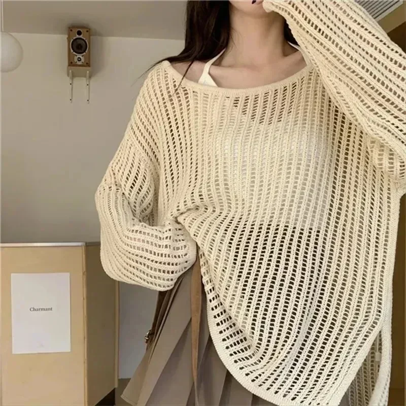 New Fashion Knitted Mesh Pullover Women Summer Autumn New Casual Ladies Elegant Hollowed Out Tops Female Cheap Wholesale