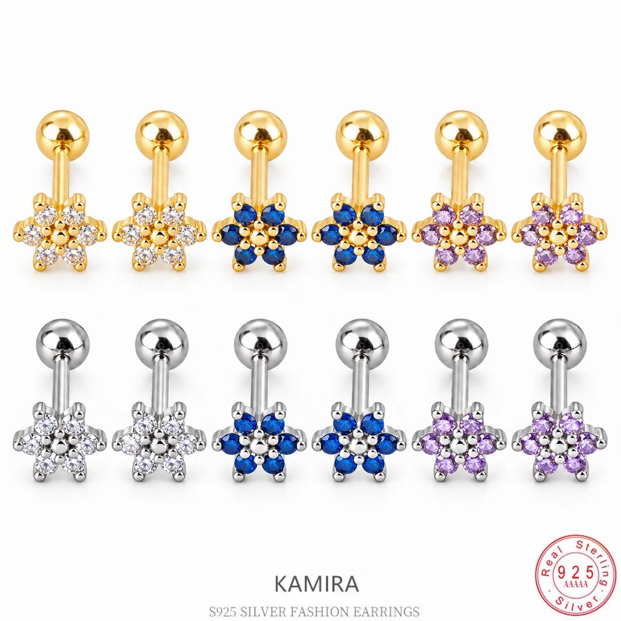 KAMIRA 925 Sterling Silver Multi Color Zircon Flower Screw Back Stud Earrings for Women Zircon Dainty Minimalist Jewelry