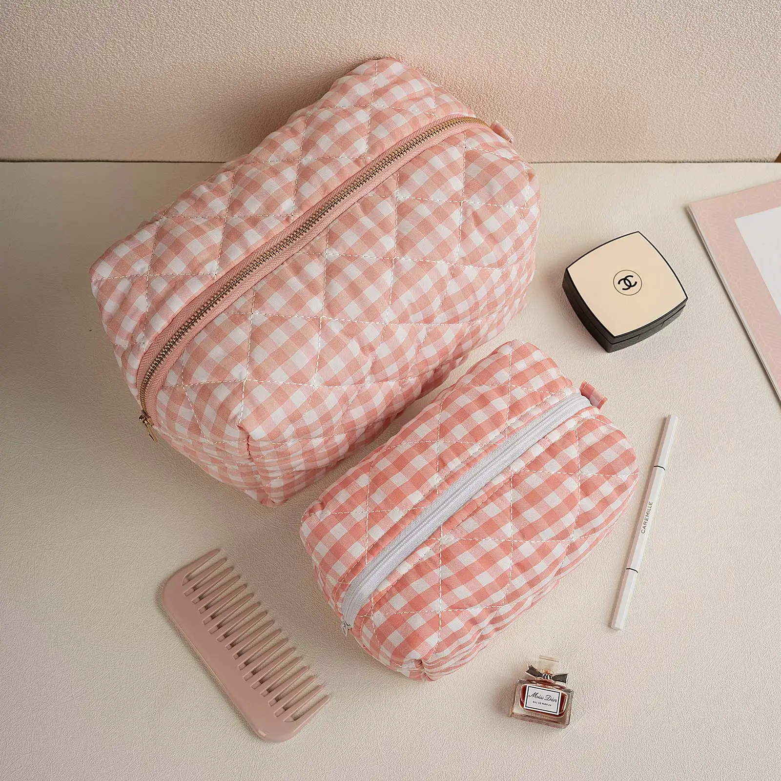 MIROSIE-Pretty Pink Gingham Print Makeup Bag with Zipper, Portable Travel Skincare Storage Pouch, Makeup Organizer, Big Size