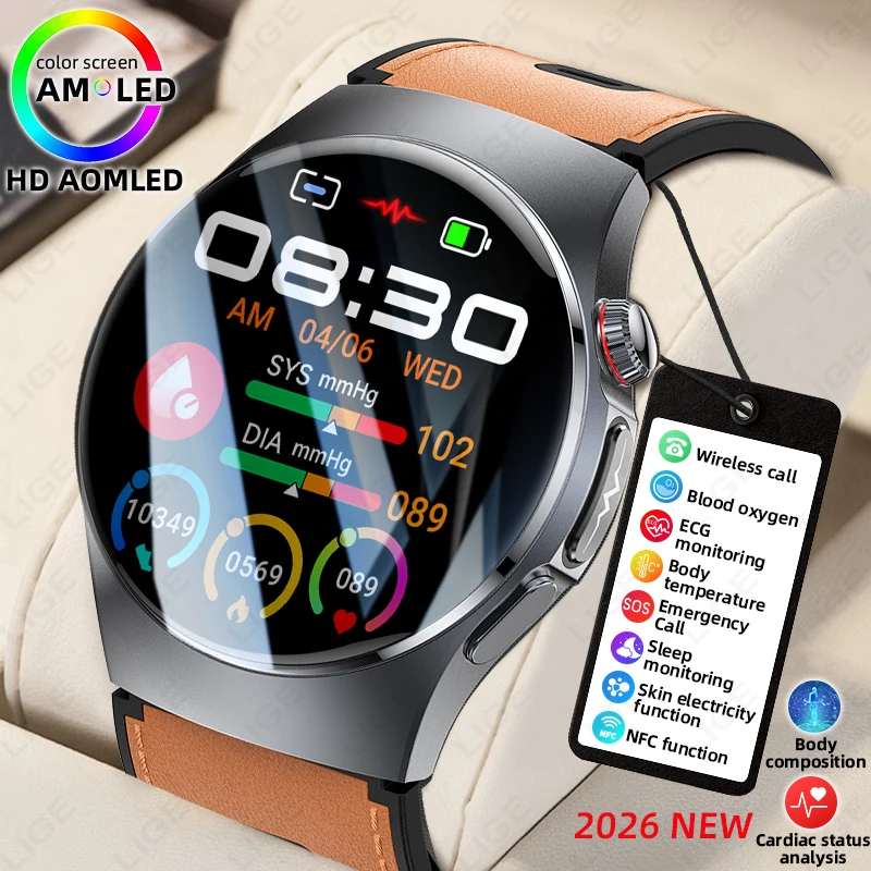 Montre connectée LIGE nouvelle génération avec écran AMOLED de 1,56 pouces, mesure précise de la pression artérielle par pompe à air, ECG, fréquence cardiaque, appels Bluetooth, compatible Android et iOS
