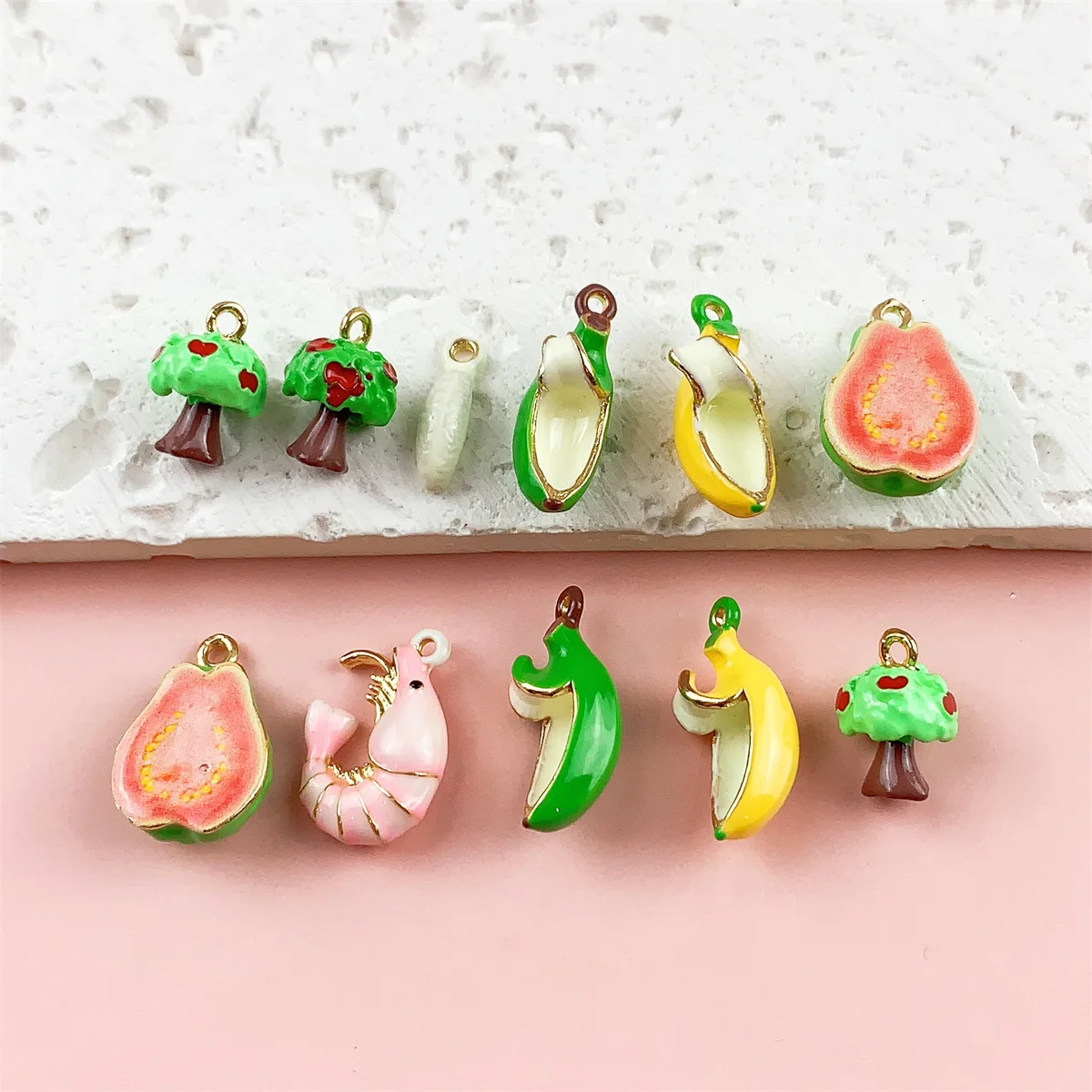 7Pcs Alloy Enamel 3D Fruit Charms Banana Apple Tree Guava Lobster Simulation Pendants DIY Jewelry Making Accessories