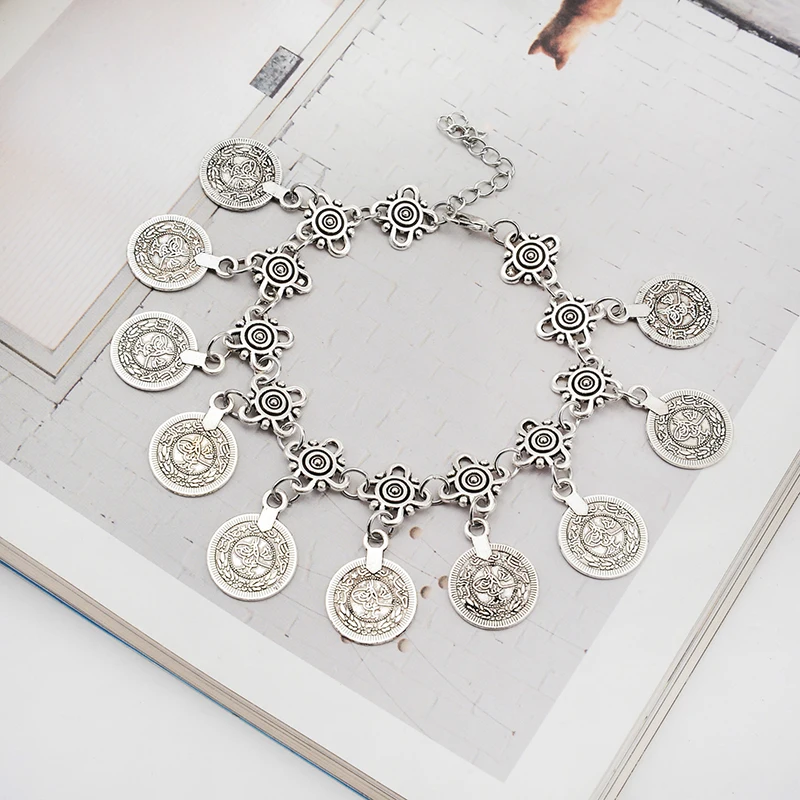 Vintage ethnische übertriebene Münze Anhänger Armbänder für Frauen Boho Silber Farbe geschnitzte geometrische indische Armbänder Jhumka Schmuck – Detail 16