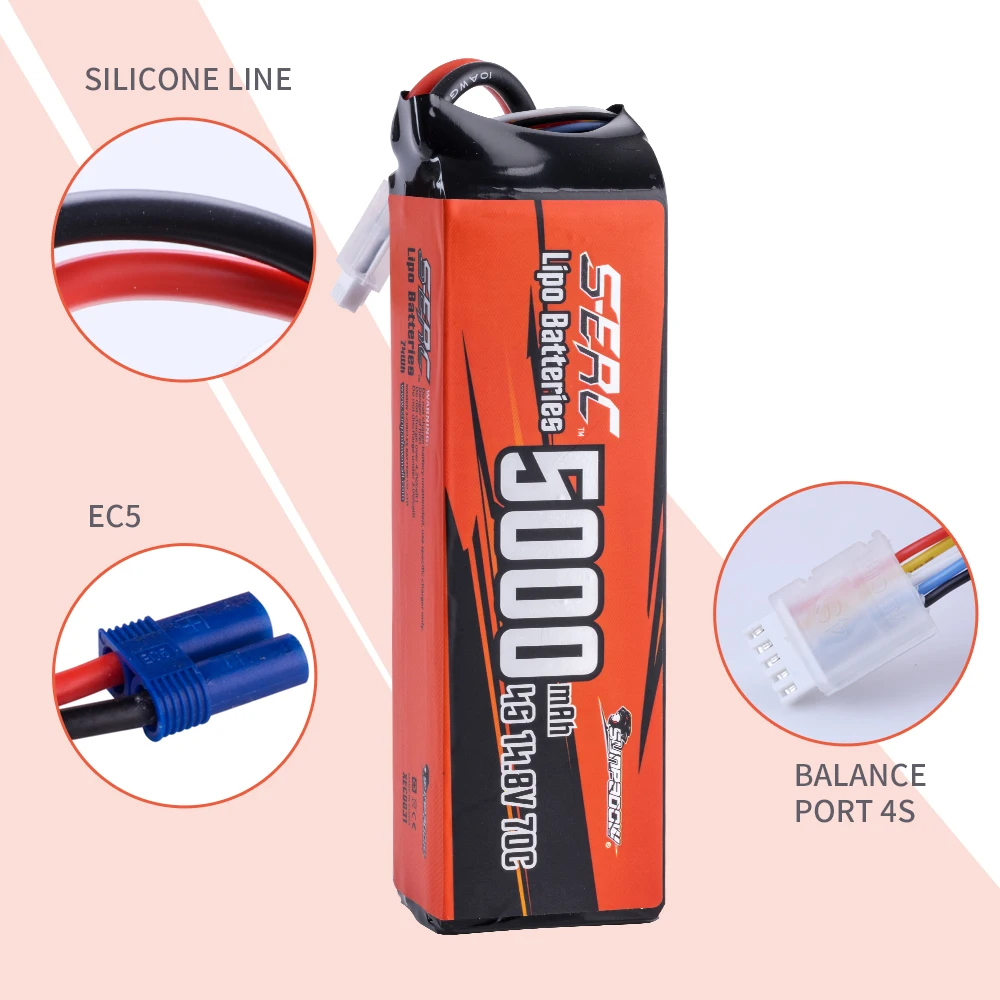 SUNPADOW 5000mAh 4S Lipo Battery for 14.8V 70C 100C 130C  with EC5 with RC Airplane Helicopter Drone FPV Quadcopter Racing Hobby