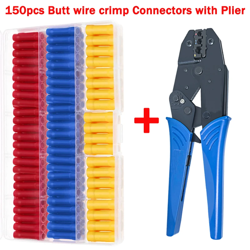 

150pcs BV1.25 BV2 BV5.5 Insulated Straight Wire Butt Connectors Electrical Wire Cable Crimp Terminals Splice Set with Pliers