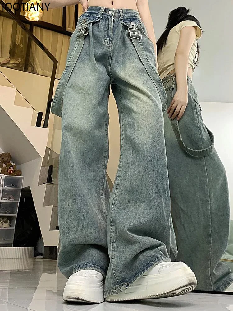 Jeans da donna Y2k gotici High Street da donna a vita alta blu vintage jeans con bretelle hip-hop pantaloni larghi larghi stile street americano