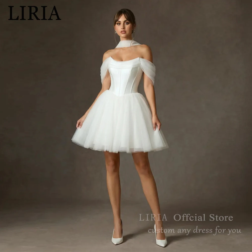 LIRIA Chic Short Wedding Dress for Bride Off the Shoulder Corset Mini Wedding Gowns White A Line Lace Up Elegant Bridal Dresses