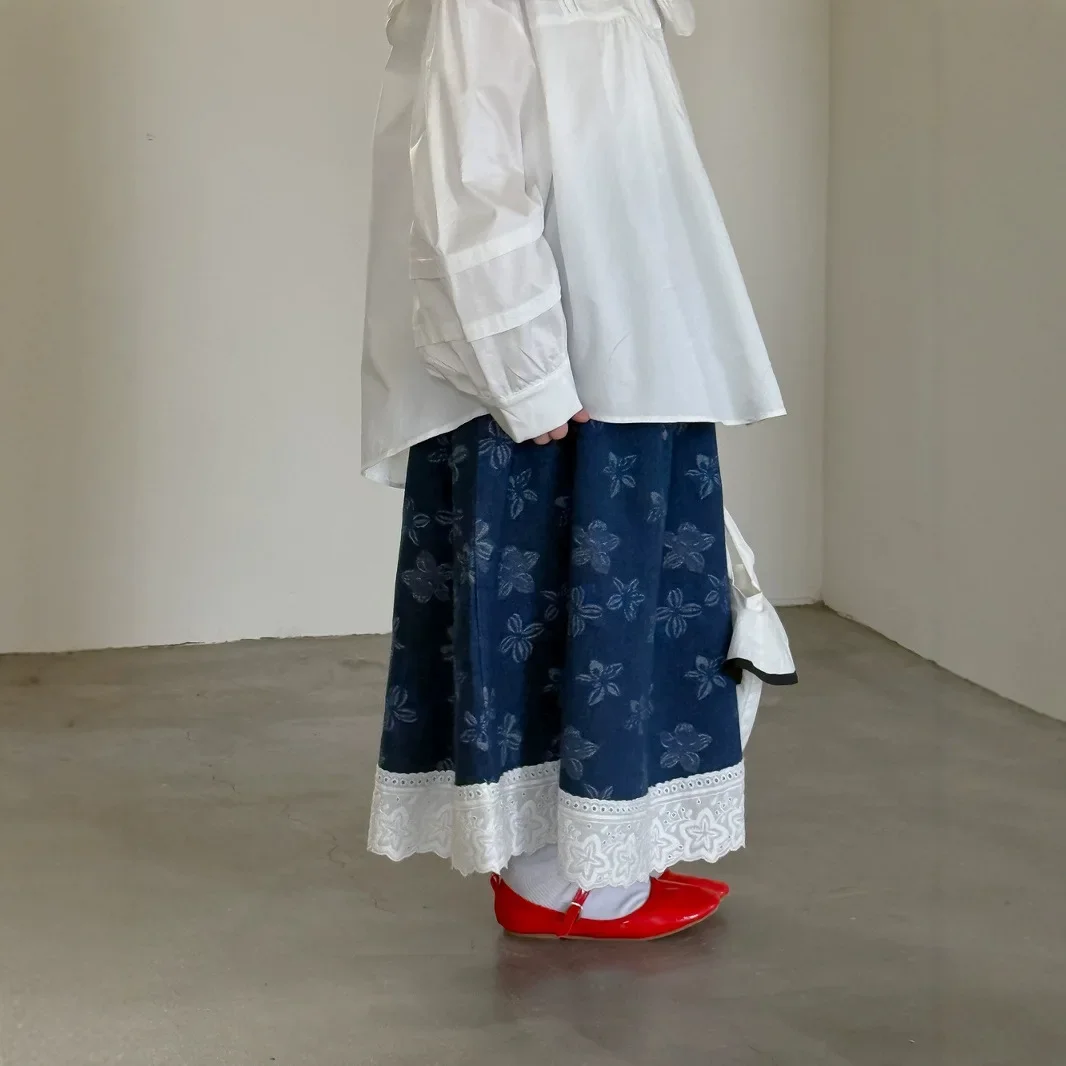 تنورة الفتيات 2025 ربيع جديد الكورية كل مباراة مرونة الخصر زهرة الدانتيل الدنيم تنورة غير رسمية ملابس الاطفال الفتيات #4