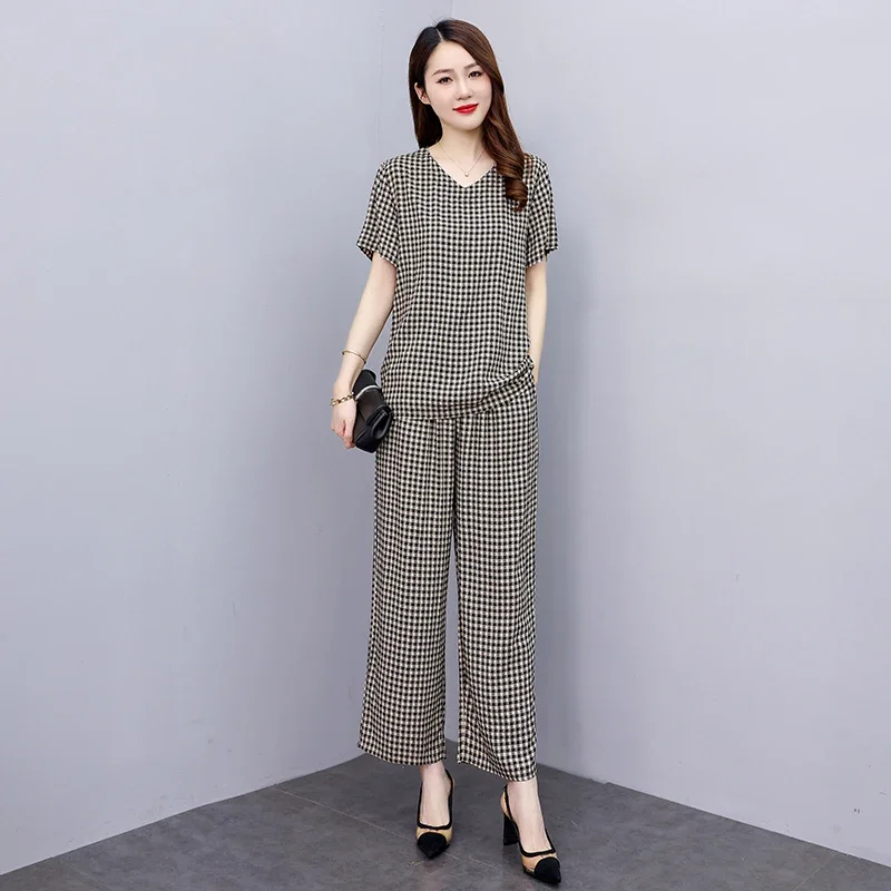 Summer Two Piece Sets Womens Outifits 2023 New Casual Printing Elastic Waist Wide Leg Pants Sets Elegant Blouse Summer Suit