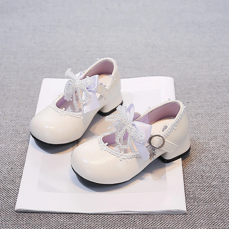 Girls Leather Shoes High Heels Kids Princess Shoes for Party Wedding 2026 Brand New Children Dance Shoes Sweet Beading Bows